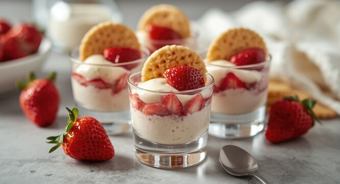 Elegant shot glasses filled with creamy gelatin mousse desserts topped with fresh strawberries and crisp tuile cookies