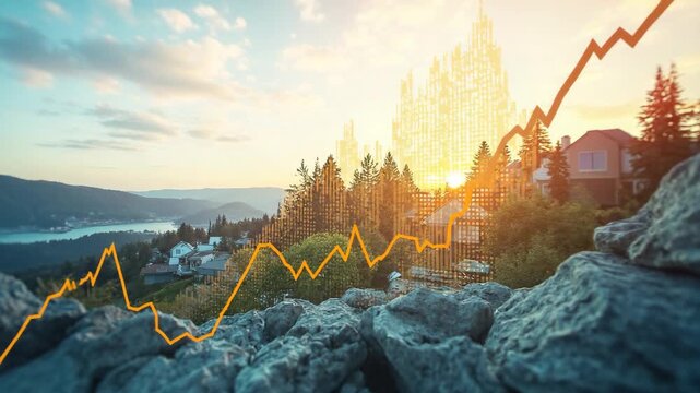 A scenic mountain village with houses bathed in sunlight, combined with a dynamic stock market chart overlay, symbolizing rising real estate prices and investment growth in the housing sector.