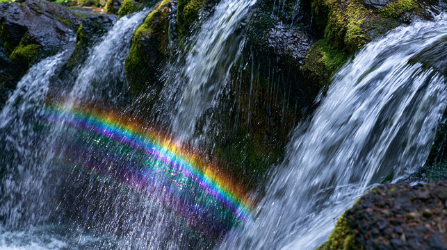 Waterfall mist catches diffracted light forming prismatic arc inches from cascading water, droplets suspended in close atmospheric vapor, mossy basalt rock face glistening behind curtain of falling 