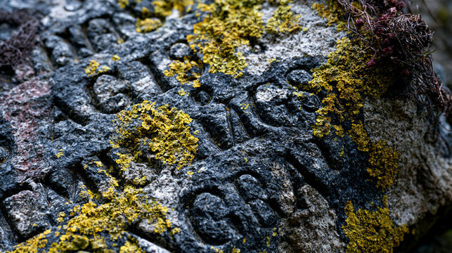Weathered granite war memorial bears eroded inscription text, lichen encrusting deep-cut lettering, frost spalling lifting carved serif faces, ceremonial wreaths long decomposed leaving iron wire fr