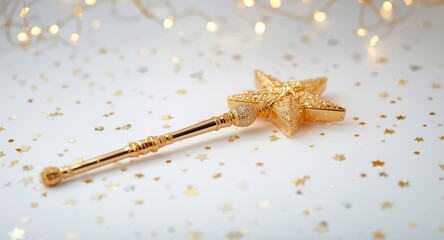Obraz premium Golden star magic wand on festive white spotted backdrop with copy space for text