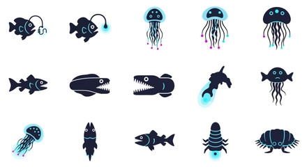 Fototapeta premium Deep-sea creatures set, featuring various marine life forms in dark blue and light blue hues.