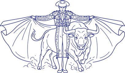 Matador holding cape with bull in arena during traditional Spanish bullfight showing power and danger in sport. © Sadhin