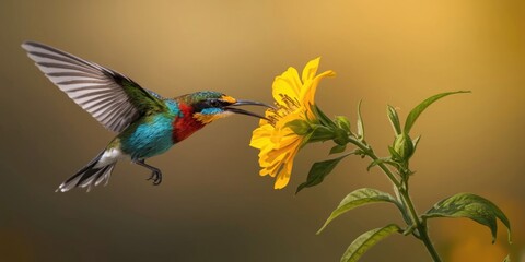 Naklejka premium Energetic sunangel bird sipping nectar from vivid yellow blossom