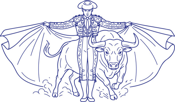 Matador holding cape with bull in arena during traditional Spanish bullfight showing power and danger in sport.