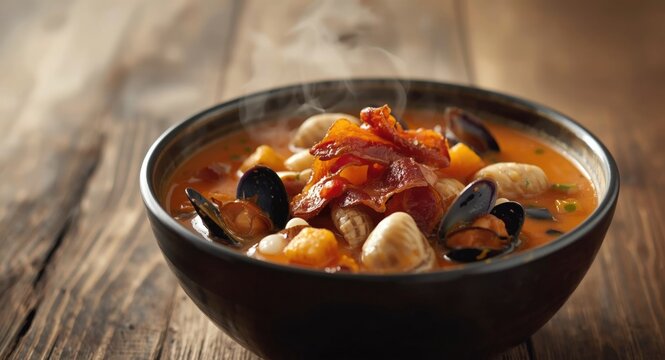 Close up view of a bowl of creamy tomato clam chowder with crispy bacon and fresh shellfish on the table with copy space