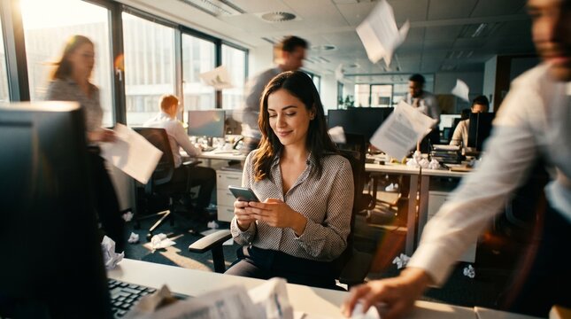 Employee Using a Smartphone at Work While Chaos Unfolds Around Them, Highlighting Distraction, Phubbing, and Poor Team Ambient.