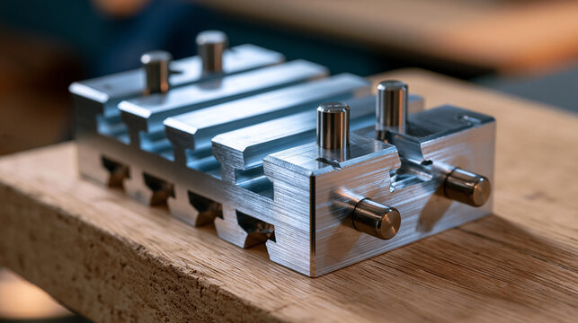 Dovetail router template jig aluminum, precision machined slots and guide pins, woodworking jig detail macro, workshop cabinet making equipment, anodized aluminum surface texture close, furniture co