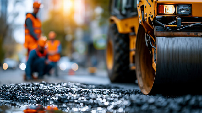 Heavy vibration roller compacting freshly laid asphalt on a city street, visible heat shimmer and textured black surface beneath the steel drum, workers monitoring compaction quality