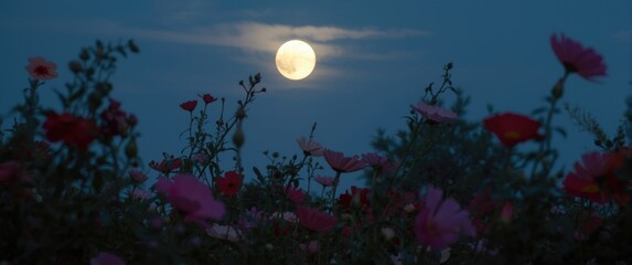 Obraz premium Full moon casting light on a cosmos flower garden at dusk