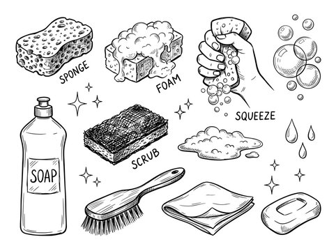 Doodle style clean tool set with sponge, soap bottle, and bubble, black ink sketch on white background