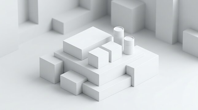 Isometric retail display table with blank product packaging boxes and cylinders in clean monochromatic white setting