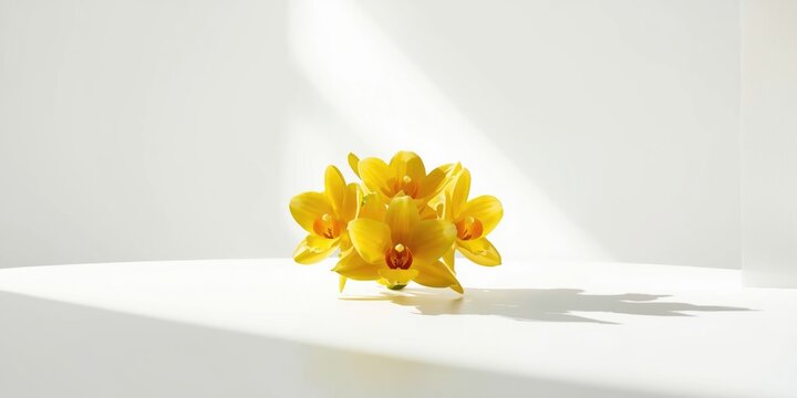 Glowing yellow cattleya orchid flowers contrasting with a bright white backdrop