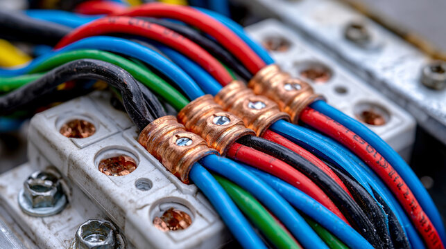 Industrial junction box wire termination strip, multi conductor splice block, electrical panel wiring detail macro, copper terminal connections, workshop installation engineering component close, co