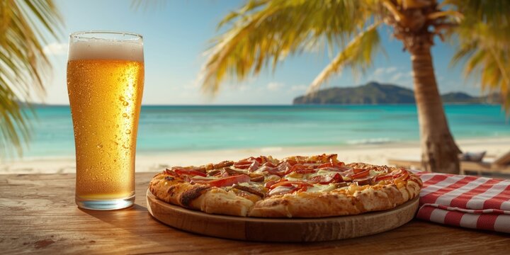 Frosty draft beer and pizza combo served on table with sunlit beach background for summer promotion