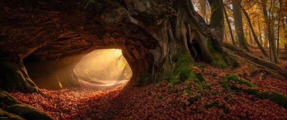 Obraz premium Enchanted autumn landscape with a natural tunnel carved through giant tree trunks