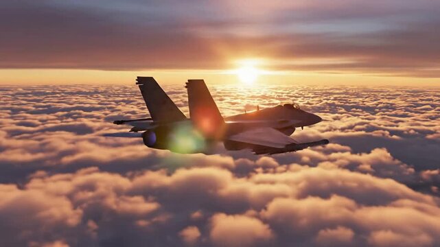 Military jet aircraft flying through clouds against a golden sky