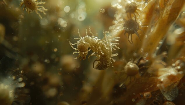 Close examination of pond mites and plankton algae in soft focus featuring copyspace