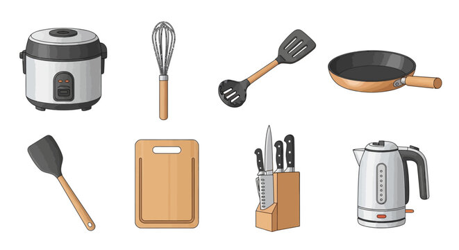 Essential kitchenware collection featuring rice cooker, whisk, spatulas, frying pan, cutting board, knife set, and electric kettle.