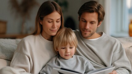 Obraz premium Family Reading Book Together on Sofa at Home