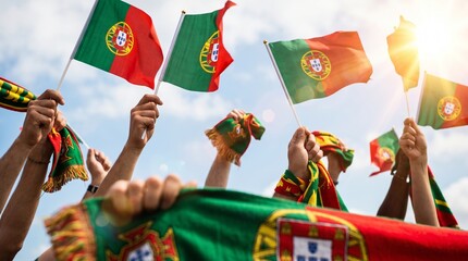 Naklejka premium Adeptos Portugueses em Festa a Celebrar uma Grande Vitória no Futebol, Erguendo Bandeiras e Cachecóis Após uma Conquista Histórica.