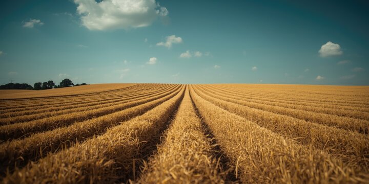 Farm field covered with freshly cut hay aligned in structured windrows for drying