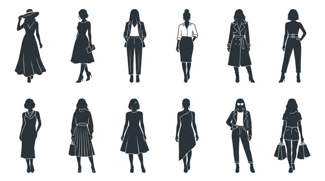 Fashionable Women Silhouettes Collection Diverse Styles Poses.