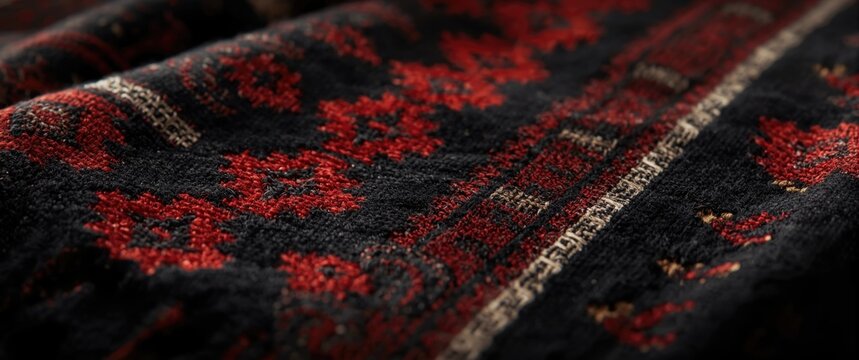 Close up of traditional ulos fabric with ethnic geometric designs in black and red displaying weaving details