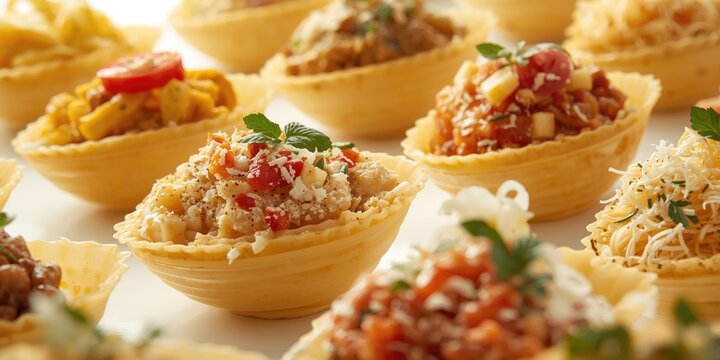 Close perspective of jumbo shell pasta stuffed with flavorful filling varieties on white surface