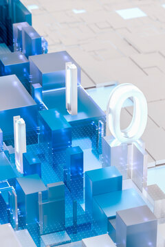 3D data city grid with binary and luminous blue architecture