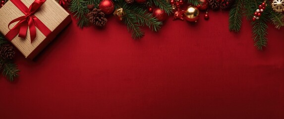 Obraz premium Festive present and table arrangement on crimson cloth with empty space