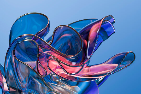 3D transparent ribbon sculpture with blue coral glass