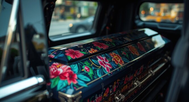 Detailed closeup of a vibrant coffin placed inside a funeral vehicle prior to memorial ceremony