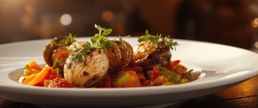 Fine dining presentation of spotted babylon mollusks served with herb sprigs and bright vegetable medley