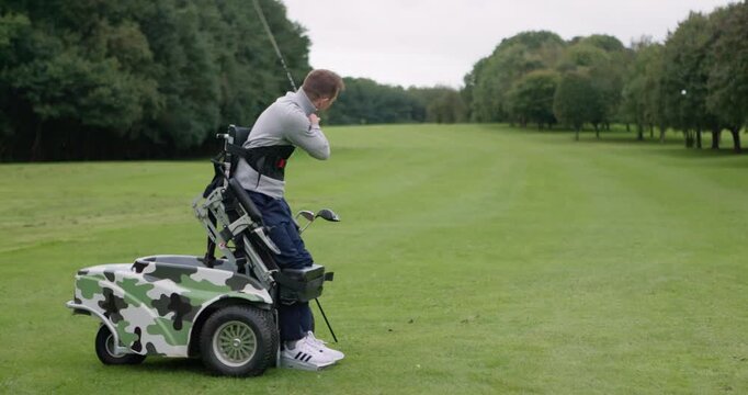 Sports, stroke and man in wheelchair on golf course for playing game, training and competition for recreation. Fitness, golfer and person with disability with golfing club, ball and hobby for fun