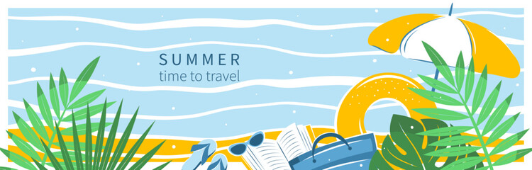 Tropical bright summer banner. Reading books on the beach. Beach accessories, sunglasses, beach bag, umbrella. Time to travel. Vector illustration  © Tatiana Bass