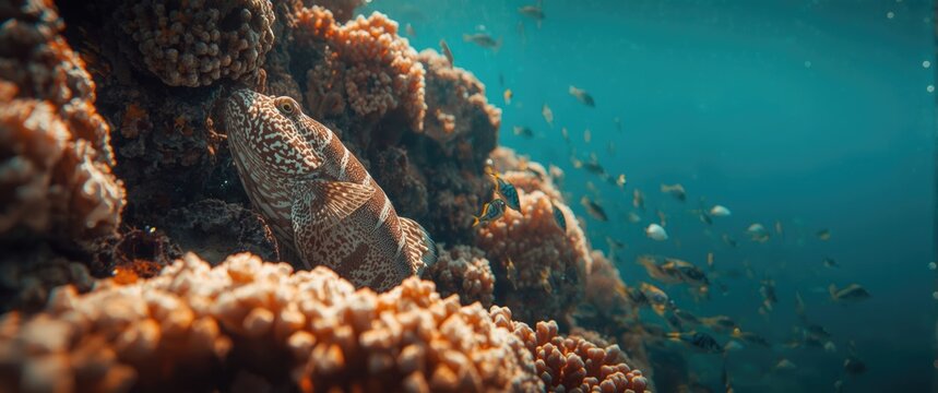 Close up of tropical coral reef featuring the stonefish species in natural habitat