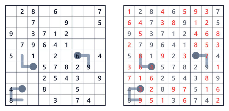 Thermo Sudoku logic puzzle game grid, unsolved and solved with red numbers, brain teaser.