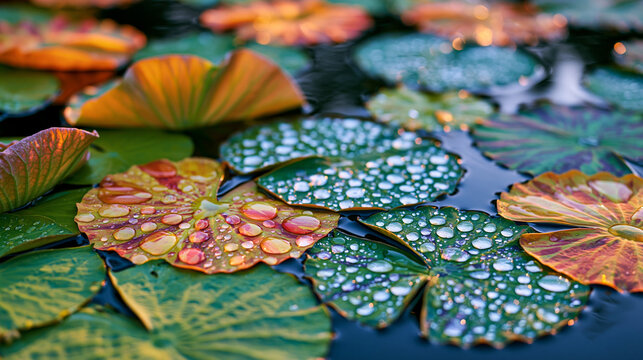 Water lily pad field at dawn, Nymphaea leaves tessellating across calm water surface, spherical dew drops resting in geometric arrangement on circular pads, emergent aquatic vegetation creating bota