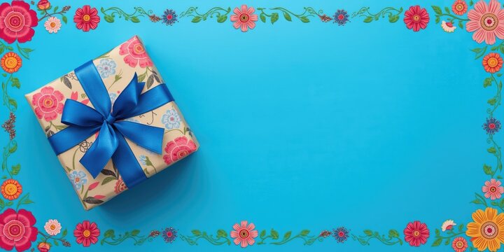 Festive gift box with blue sash and colorful floral border on blue surface providing copy space for tributes