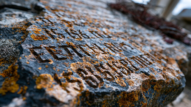 Weathered granite war memorial bears eroded inscription text, lichen encrusting deep-cut lettering, frost spalling lifting carved serif faces, ceremonial wreaths long decomposed leaving iron wire fr