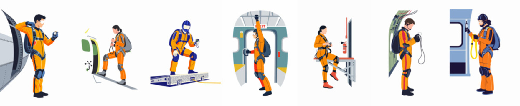 Set of paratroopers and skydivers in orange uniforms getting ready for a jump, shown in flat vector style on a white background.