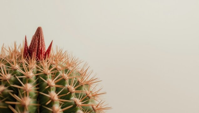 Close up shot of dwarf turks cap cactus and reddish brown cephalium in botanical display with copy space