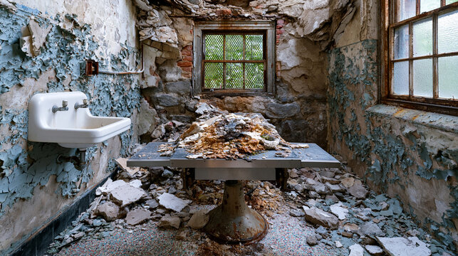 Abandoned psychiatric ward examination room preserves original terrazzo flooring beneath collapsed ceiling plaster, wall-mounted porcelain fixtures cracked, mesh-glass window panes clouded with cond
