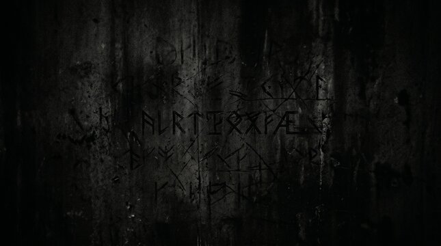 Abstract Dark Background Featuring Faint Ancient Runic Symbols And Scratched Text On Gritty Distressed Texture