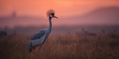 Obraz premium Dignified crowned crane highlighted by a golden crown under a rich sunset glow
