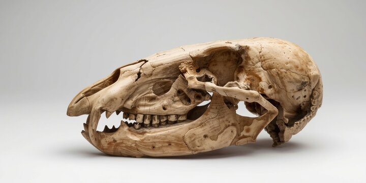 Educational sloth fossil skull replica for study and display with plain white background