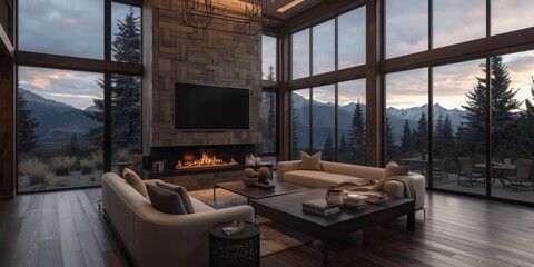 Fototapeta premium elegant living area featuring a modern fireplace and wall to wall windows offering expansive mountain outlook