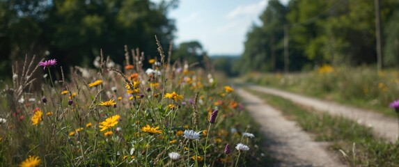 Obraz premium Colorful summer wildflowers thriving near a country road