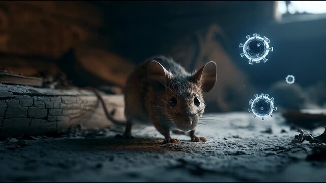 Wild mouse foraging on ashy ground in dark cinematic scene